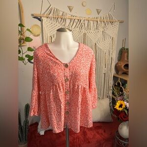Unique Spectrum Red Floral Button-Up Blouse